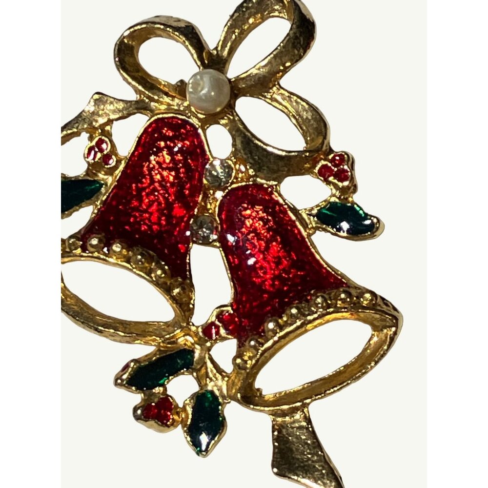 Christmas Red Bell Brooch Pin With Bow And Faux Pearl Accents 2 Inches Vintage - Picture 2 of 5